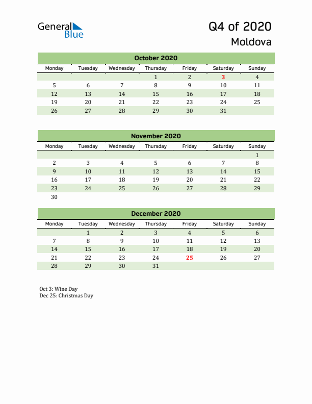 Quarterly Calendar 2020 with Moldova Holidays