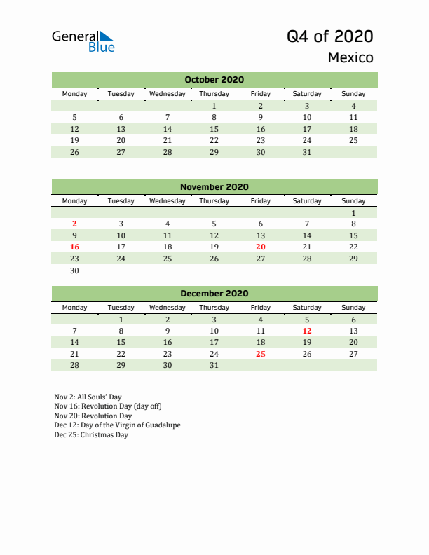 Quarterly Calendar 2020 with Mexico Holidays