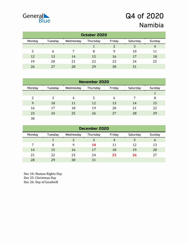 Quarterly Calendar 2020 with Namibia Holidays