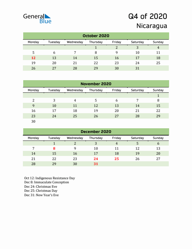 Quarterly Calendar 2020 with Nicaragua Holidays