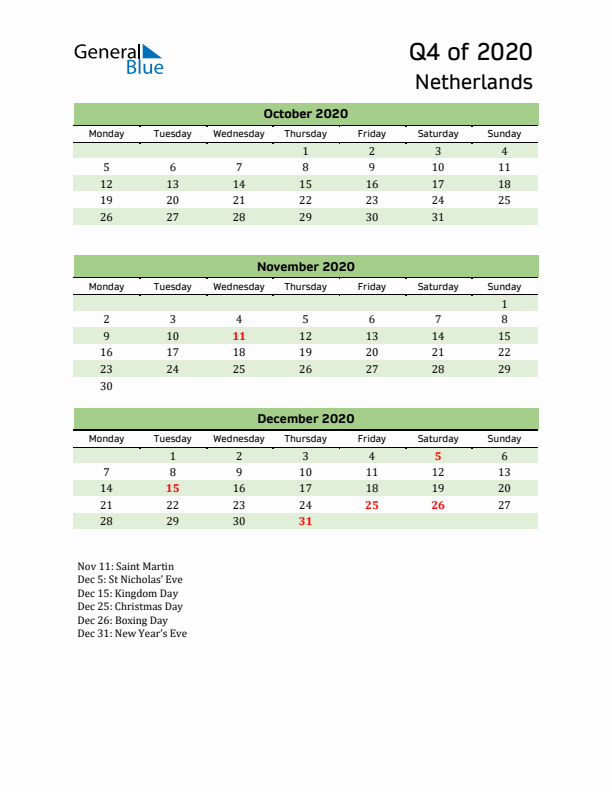 Quarterly Calendar 2020 with The Netherlands Holidays