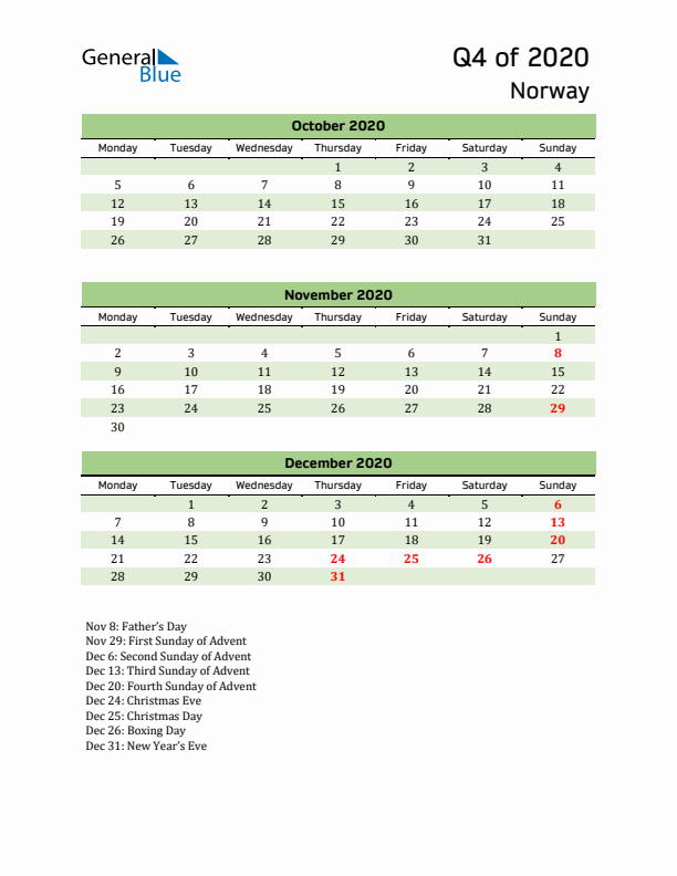 Quarterly Calendar 2020 with Norway Holidays