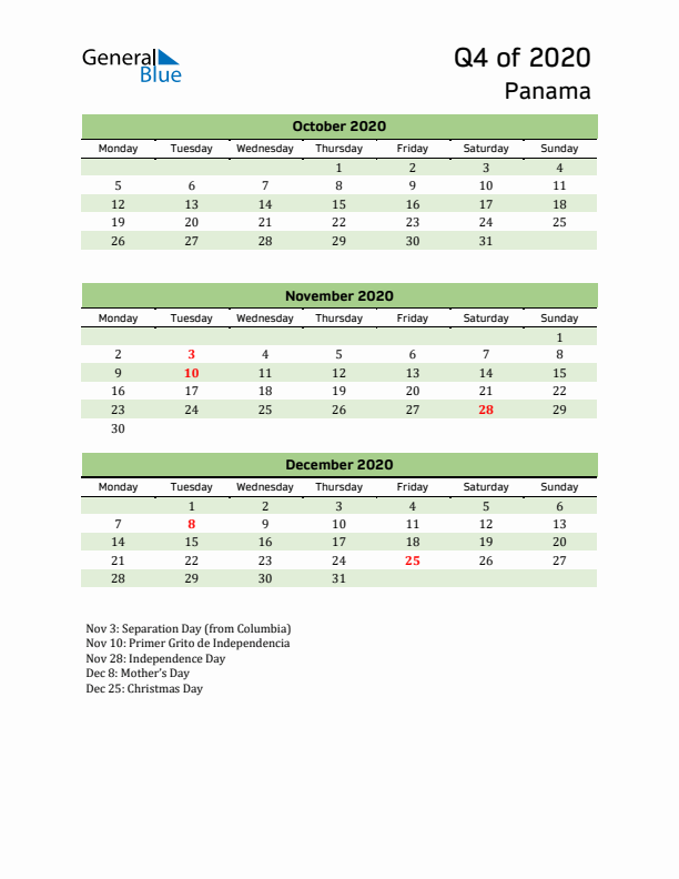 Quarterly Calendar 2020 with Panama Holidays