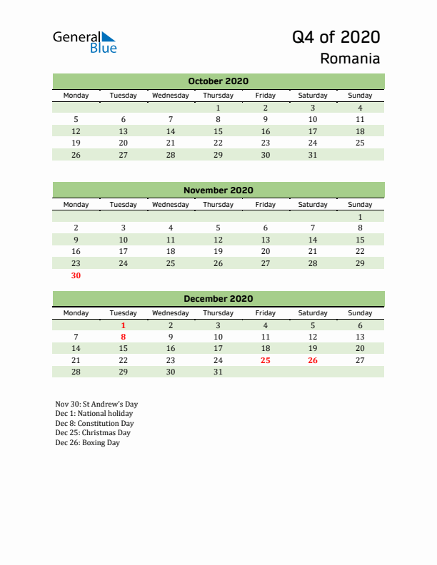 Quarterly Calendar 2020 with Romania Holidays