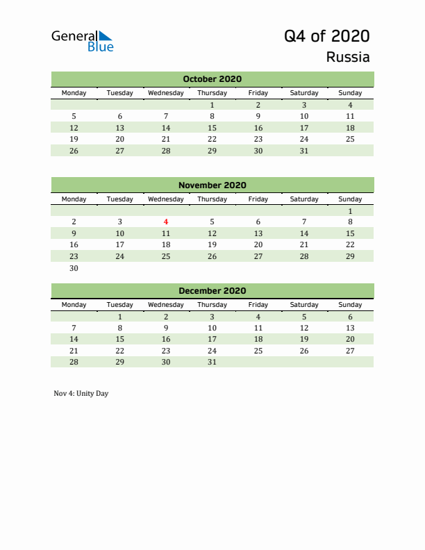 Quarterly Calendar 2020 with Russia Holidays