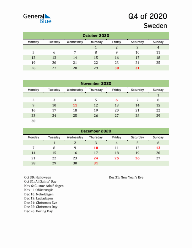 Quarterly Calendar 2020 with Sweden Holidays