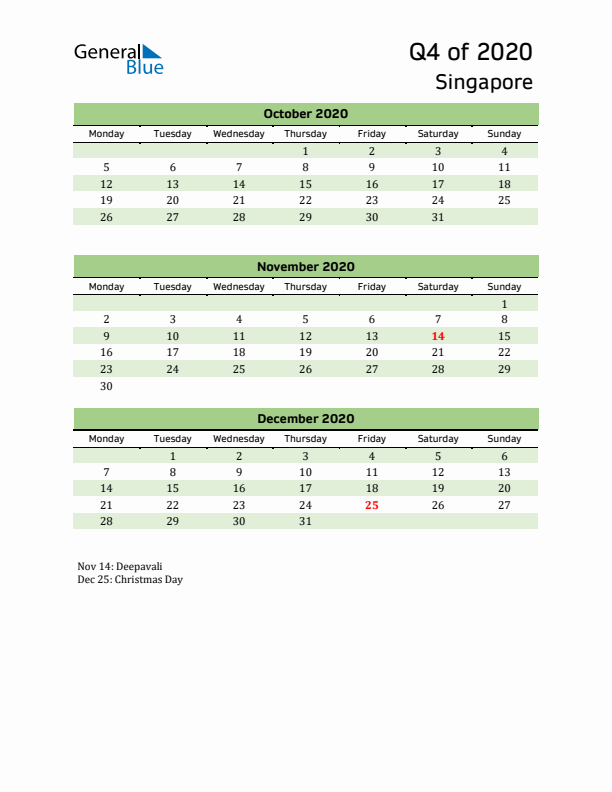 Quarterly Calendar 2020 with Singapore Holidays