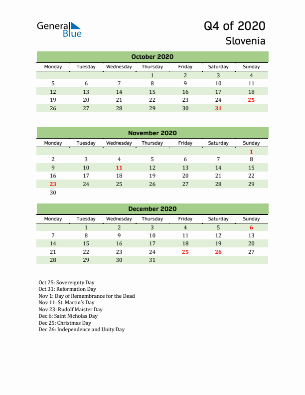 Quarterly Calendar 2020 with Slovenia Holidays