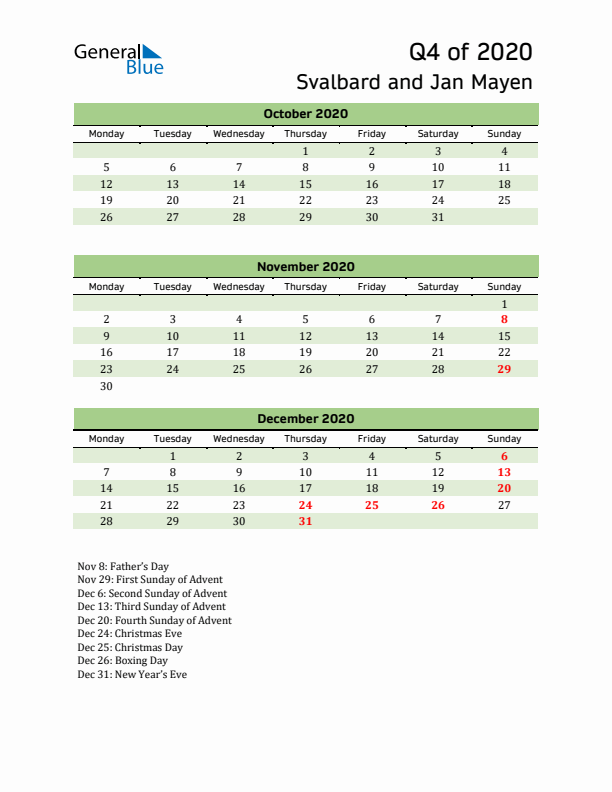 Quarterly Calendar 2020 with Svalbard and Jan Mayen Holidays