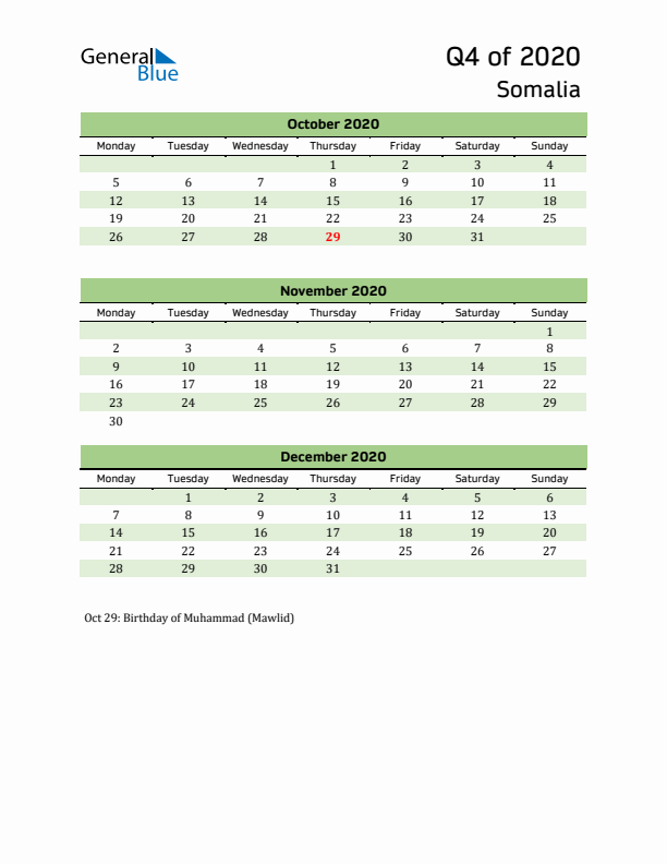 Quarterly Calendar 2020 with Somalia Holidays