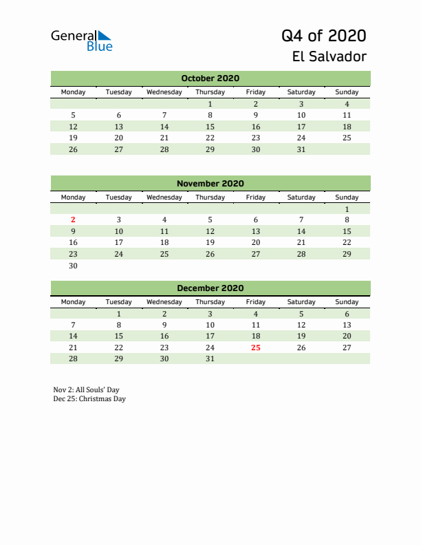 Quarterly Calendar 2020 with El Salvador Holidays