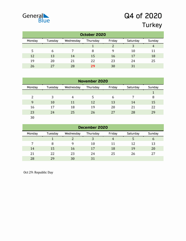 Quarterly Calendar 2020 with Turkey Holidays