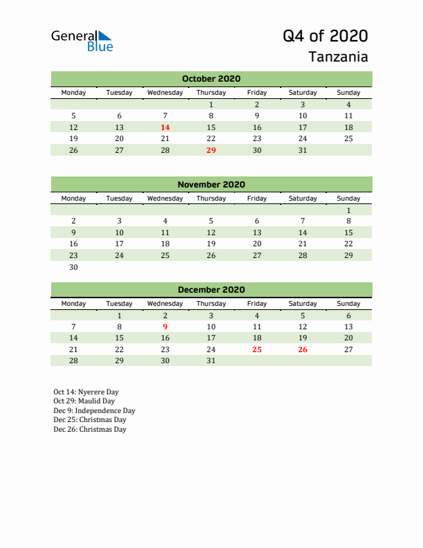 Quarterly Calendar 2020 with Tanzania Holidays