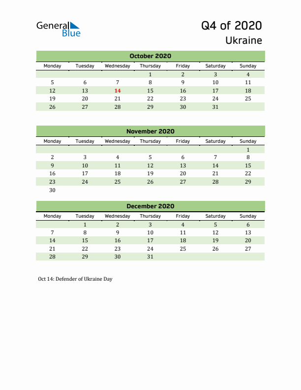 Quarterly Calendar 2020 with Ukraine Holidays