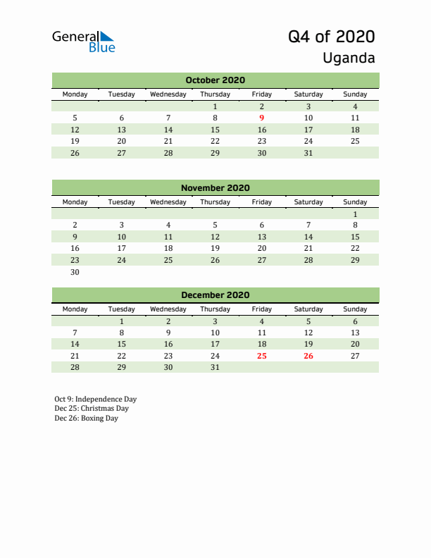 Quarterly Calendar 2020 with Uganda Holidays