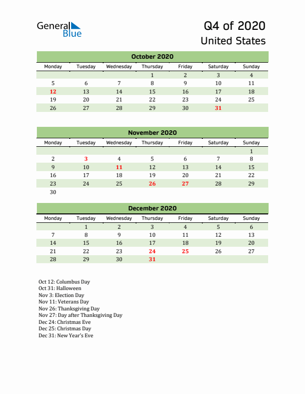 Quarterly Calendar 2020 with United States Holidays