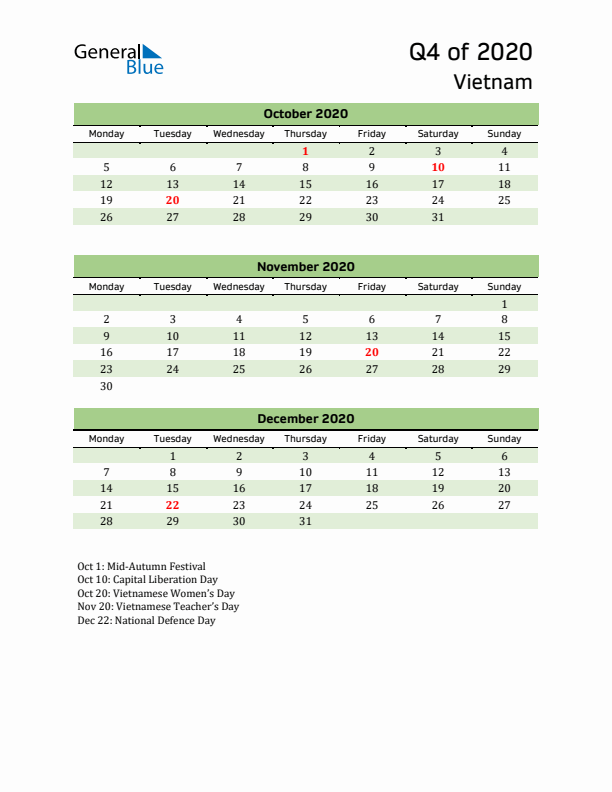 Quarterly Calendar 2020 with Vietnam Holidays