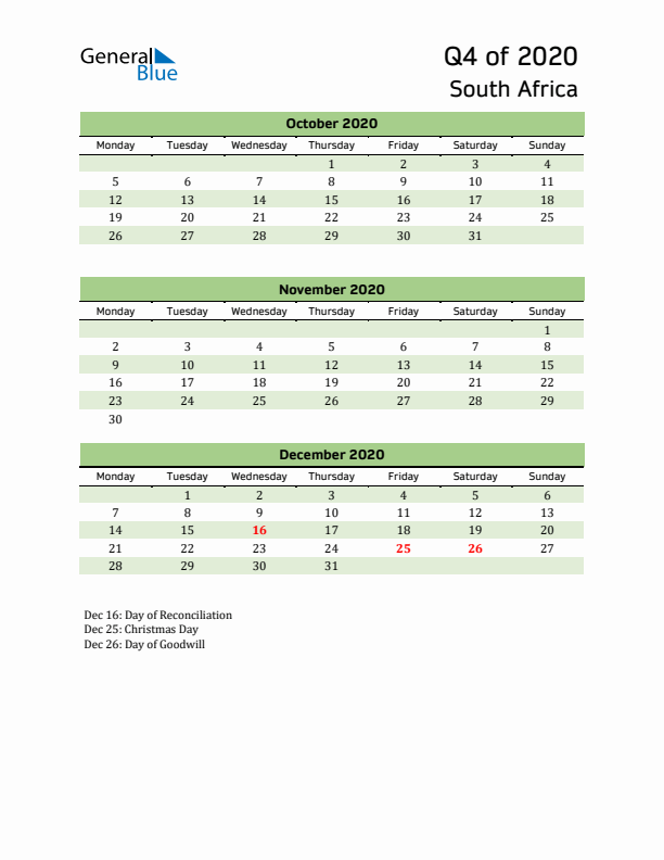 Quarterly Calendar 2020 with South Africa Holidays