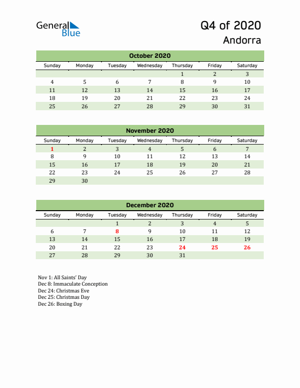 Quarterly Calendar 2020 with Andorra Holidays