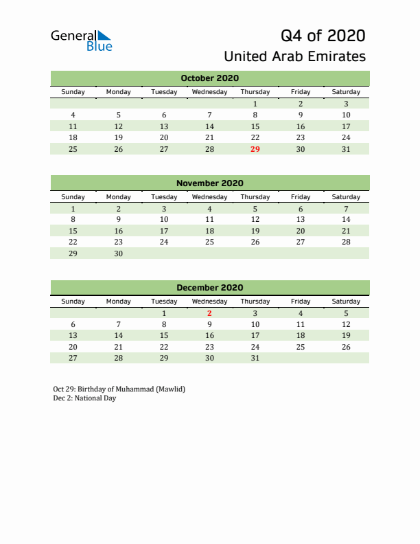 Quarterly Calendar 2020 with United Arab Emirates Holidays