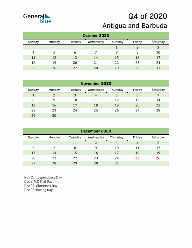 Quarterly Calendar 2020 with Antigua and Barbuda Holidays