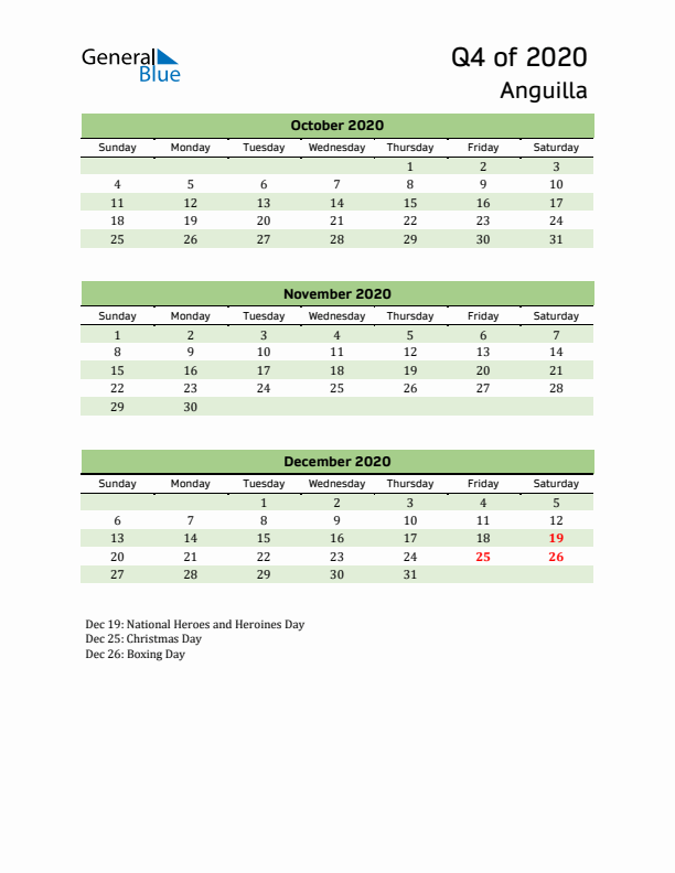 Quarterly Calendar 2020 with Anguilla Holidays