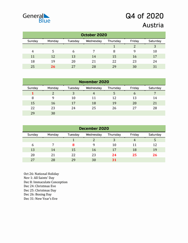 Quarterly Calendar 2020 with Austria Holidays