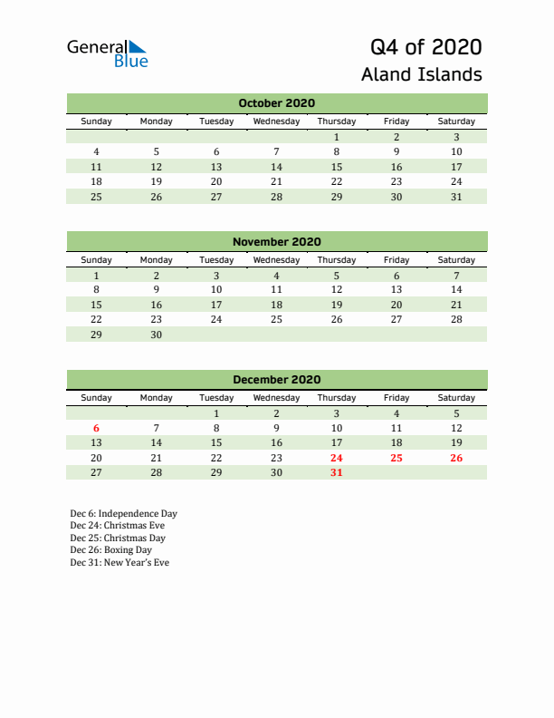 Quarterly Calendar 2020 with Aland Islands Holidays