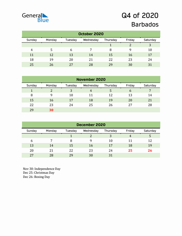 Quarterly Calendar 2020 with Barbados Holidays