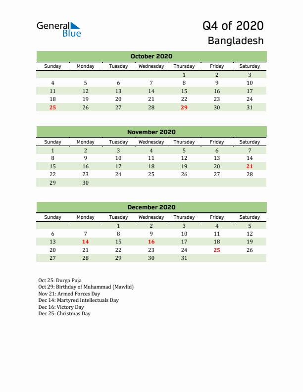 Quarterly Calendar 2020 with Bangladesh Holidays