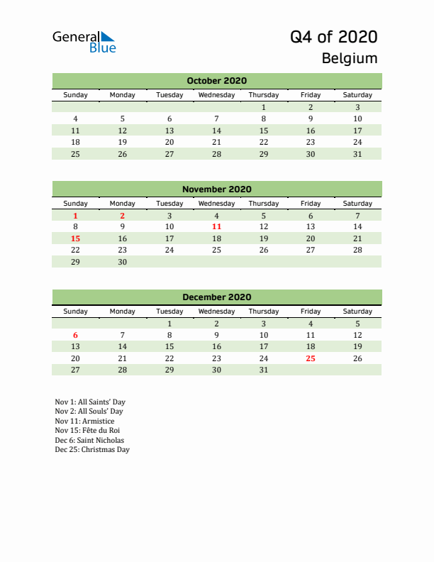 Quarterly Calendar 2020 with Belgium Holidays