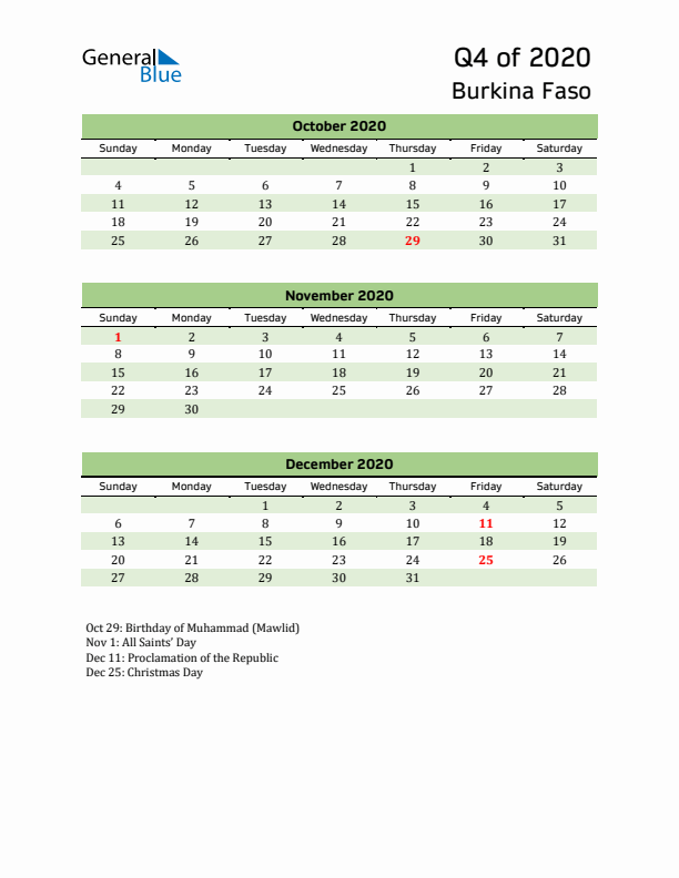 Quarterly Calendar 2020 with Burkina Faso Holidays