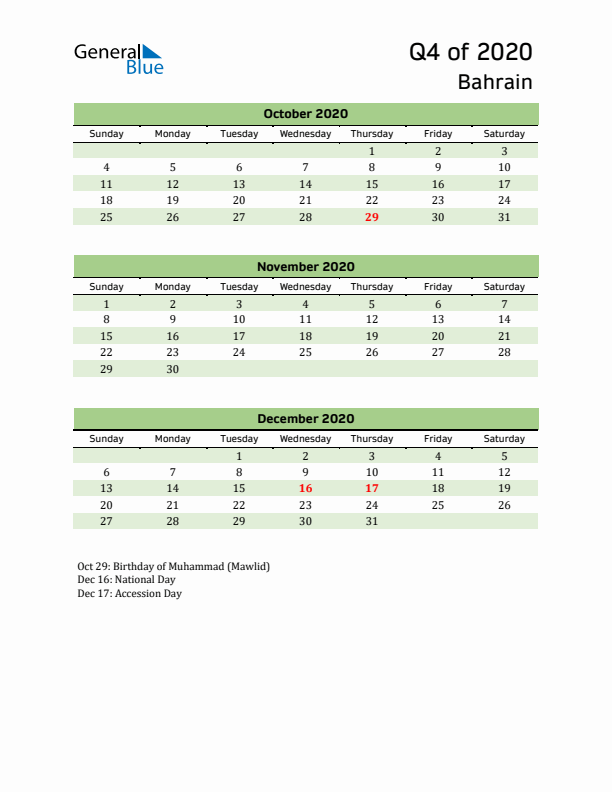 Quarterly Calendar 2020 with Bahrain Holidays