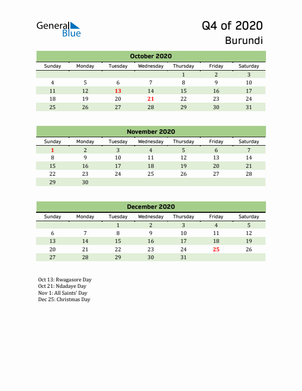 Quarterly Calendar 2020 with Burundi Holidays