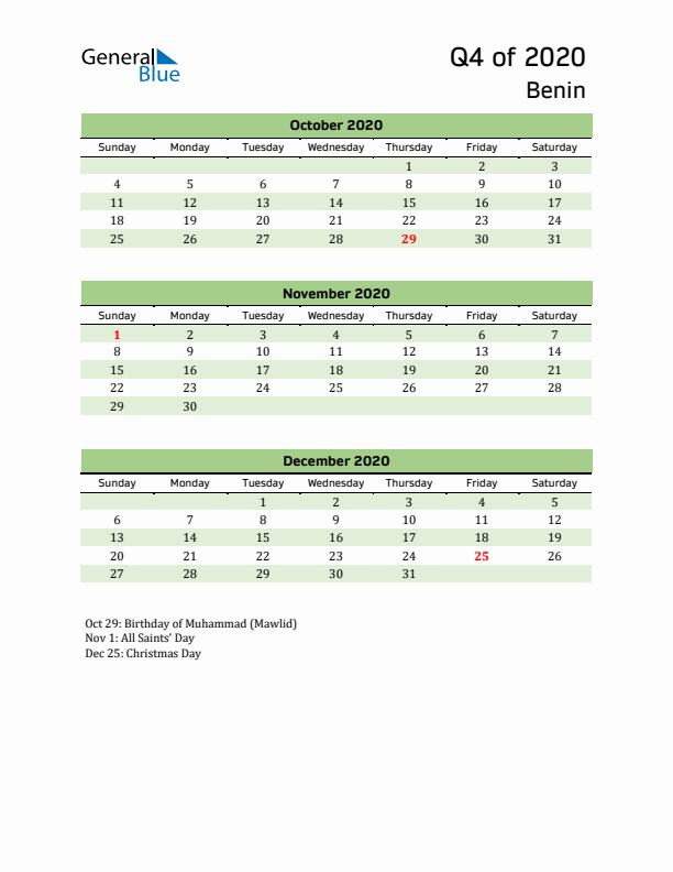 Quarterly Calendar 2020 with Benin Holidays