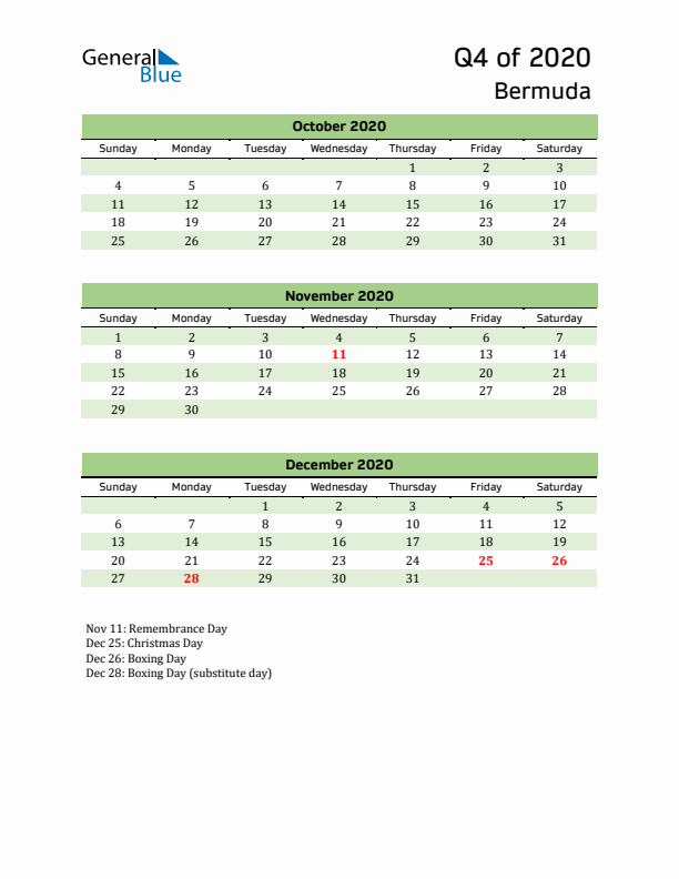 Quarterly Calendar 2020 with Bermuda Holidays