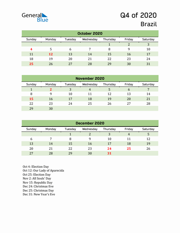 Quarterly Calendar 2020 with Brazil Holidays