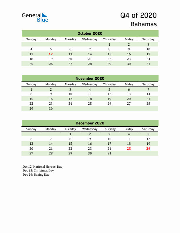 Quarterly Calendar 2020 with Bahamas Holidays