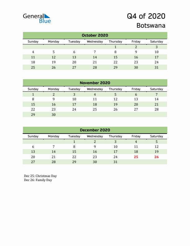 Quarterly Calendar 2020 with Botswana Holidays