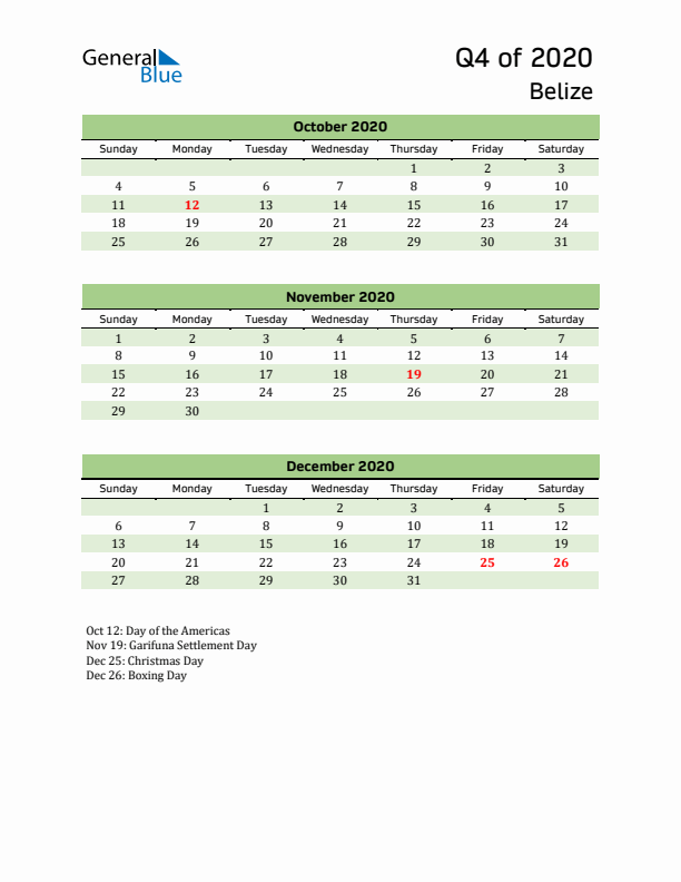 Quarterly Calendar 2020 with Belize Holidays