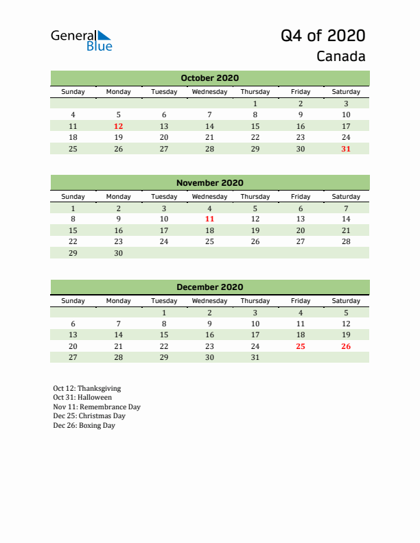 Quarterly Calendar 2020 with Canada Holidays