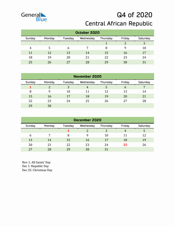 Quarterly Calendar 2020 with Central African Republic Holidays