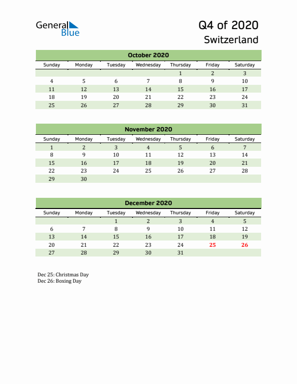 Quarterly Calendar 2020 with Switzerland Holidays