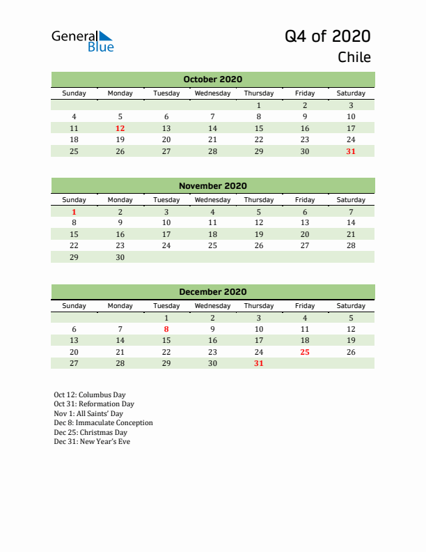 Quarterly Calendar 2020 with Chile Holidays