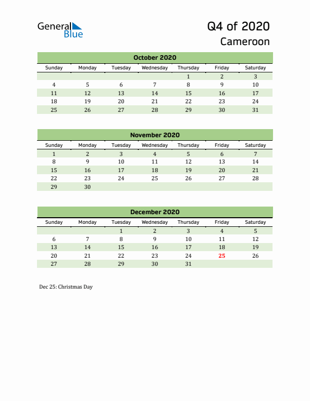 Quarterly Calendar 2020 with Cameroon Holidays