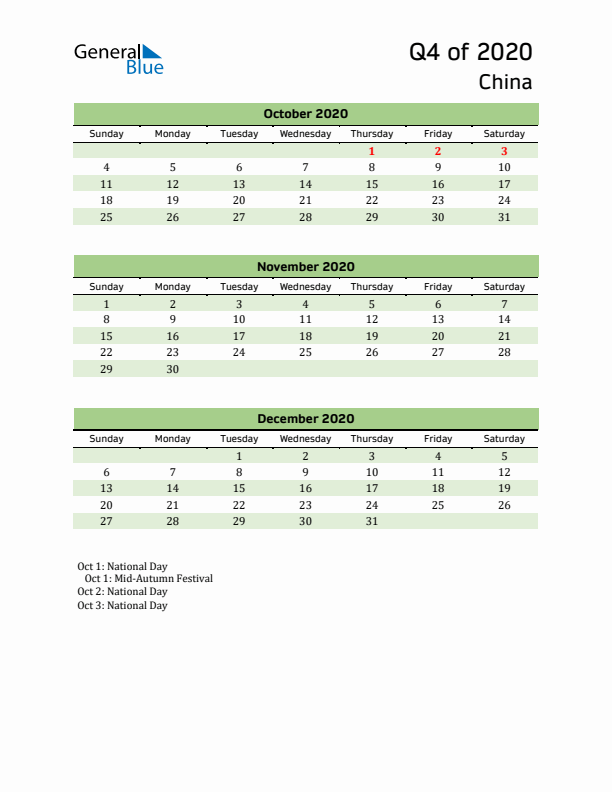 Quarterly Calendar 2020 with China Holidays