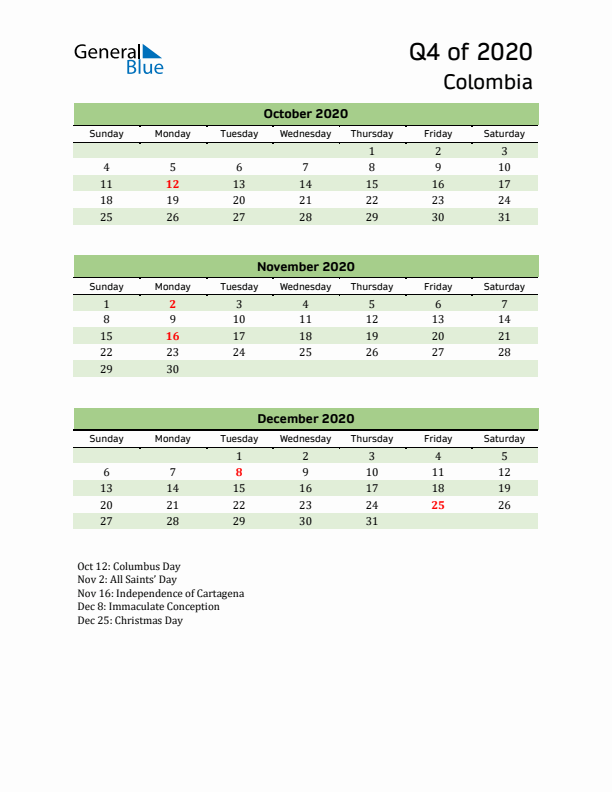 Quarterly Calendar 2020 with Colombia Holidays