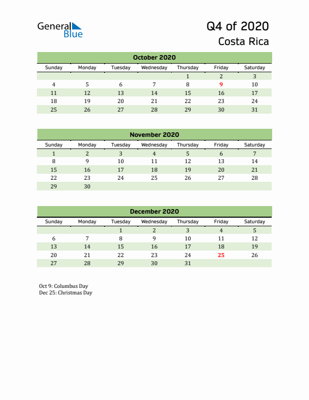 Quarterly Calendar 2020 with Costa Rica Holidays