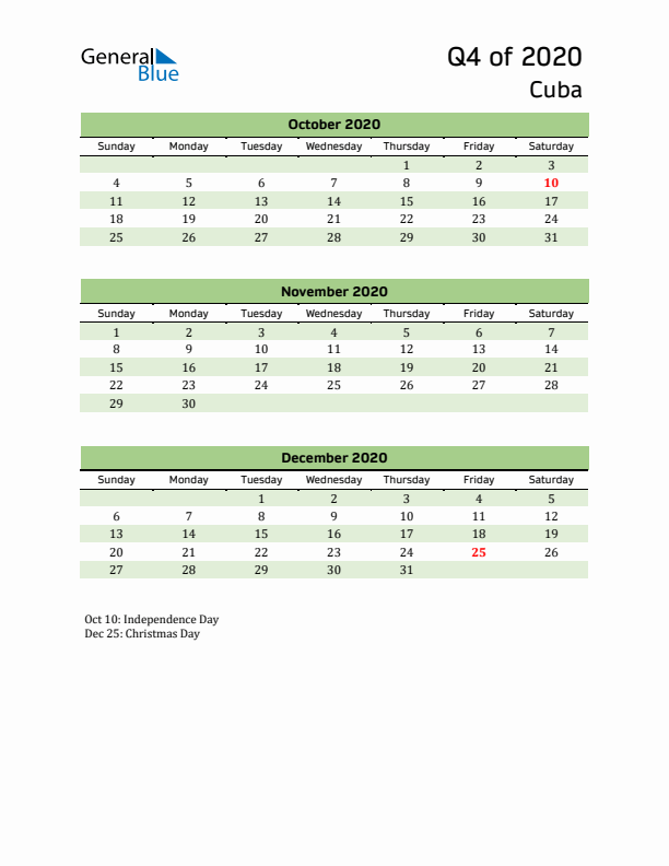 Quarterly Calendar 2020 with Cuba Holidays