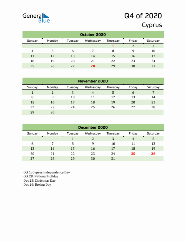 Quarterly Calendar 2020 with Cyprus Holidays